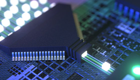 Rendering of a board with microprocessors that process data stream symbolized by cubes 